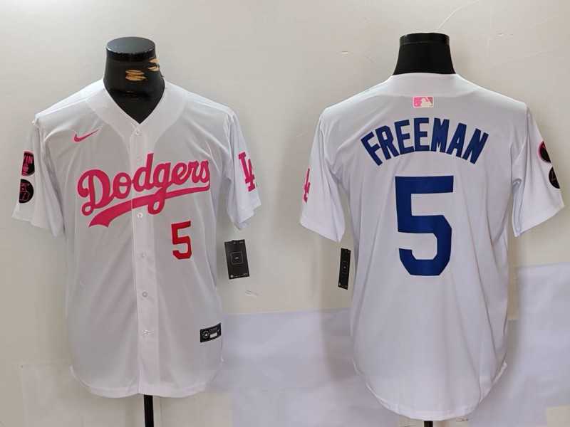 Men%27s Los Angeles Dodgers #5 Freddie Freeman White Pink Vin & Kobe Patch Stitched Baseball Jerseys->los angeles dodgers->MLB Jersey